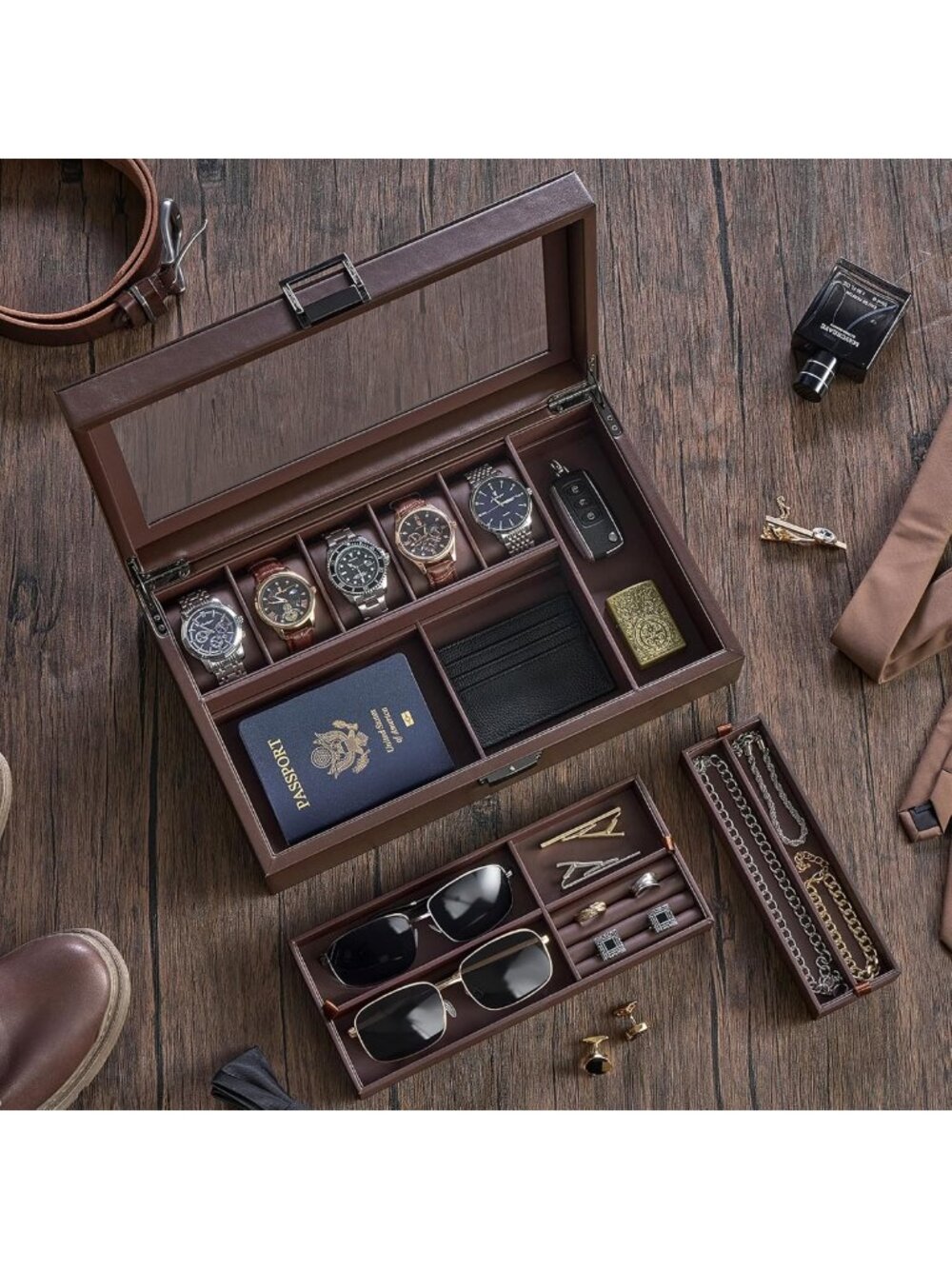 Men's Jewelry Box - 5-Slot Watch Display Case & Organizer for Rings, Sunglasses